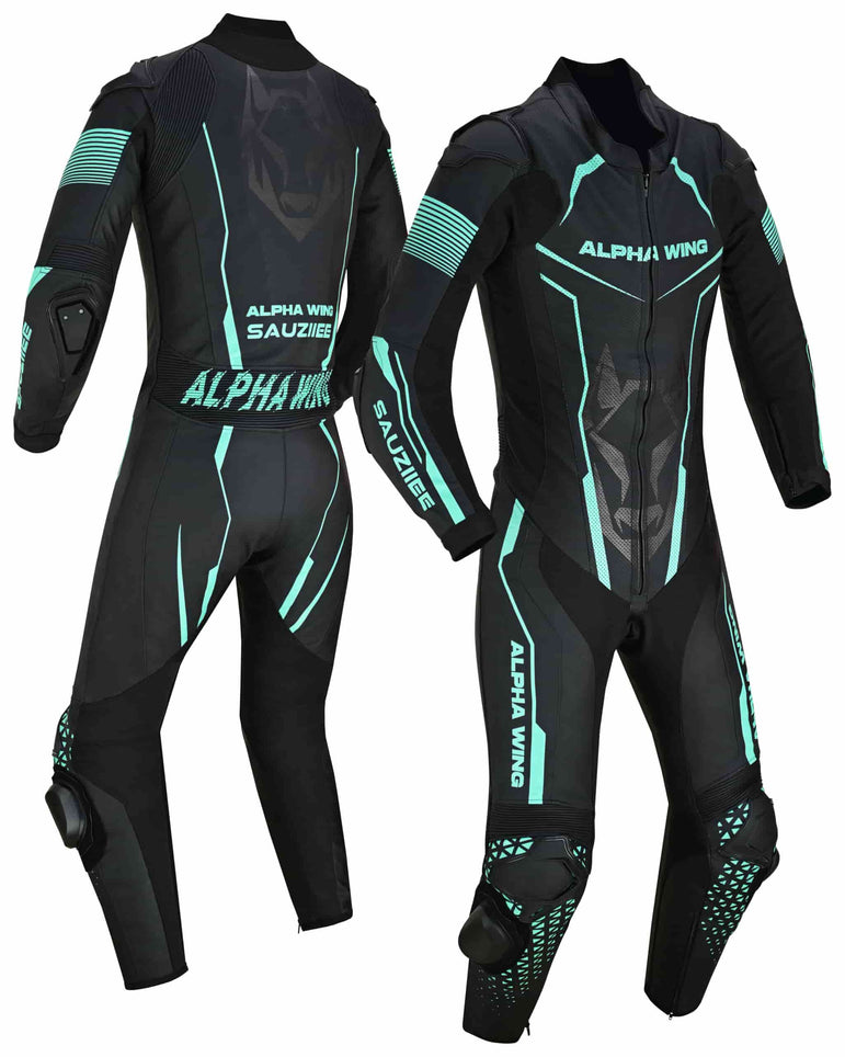 Two views of a black full-body racing suit with bright teal accents and protective padding, labeled ALPHA WING and SAUZIER, on a plain white background.