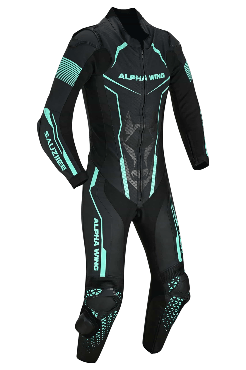 Sauz One custom motorcycle racing suit in premium cowhide leather with CE Level 2 armor, front view