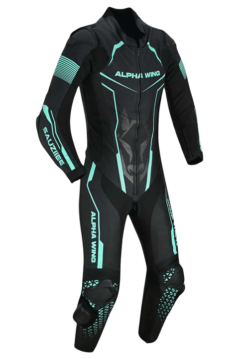 Sauz One custom motorcycle racing suit in premium cowhide leather with CE Level 2 armor, front view