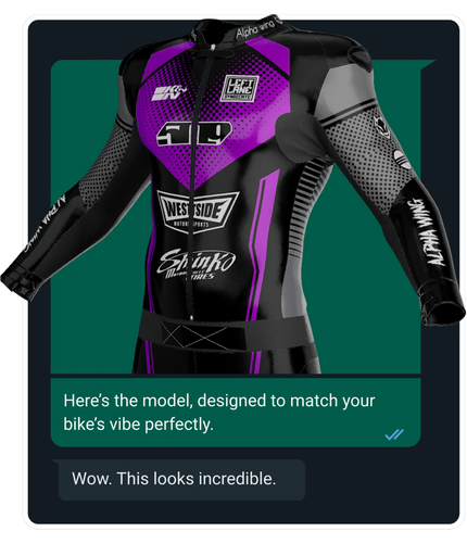 Black and purple motorcycle racing suit with visible branding on a green background