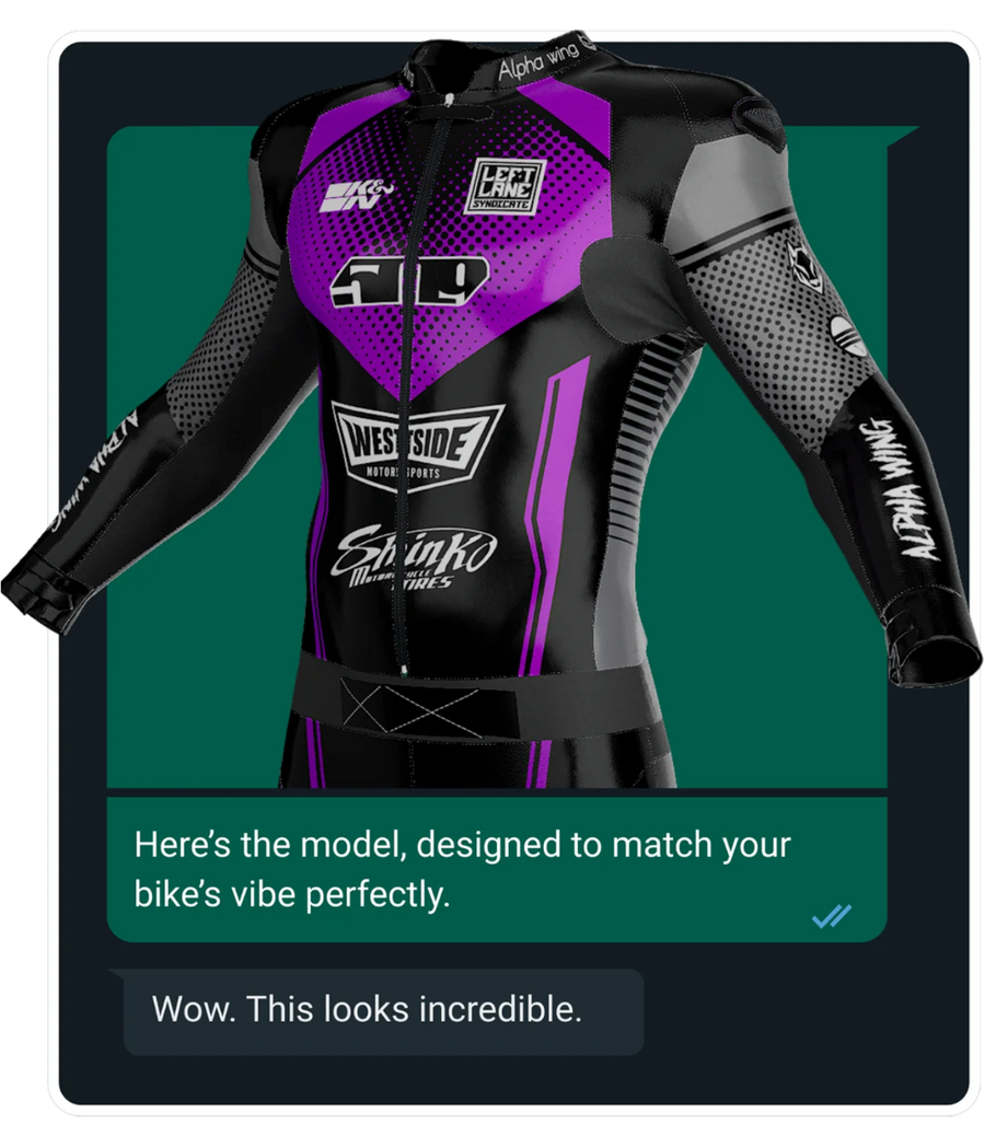 Black and purple motorcycle racing suit with visible branding on a green background