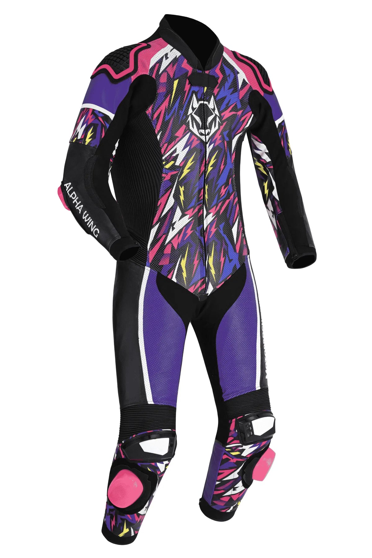 A full-body wetsuit with a bold abstract pattern in purple, black, pink, white, and yellow, featuring protective knee pads and the brand name 'ALPHA WING' printed on the left sleeve.