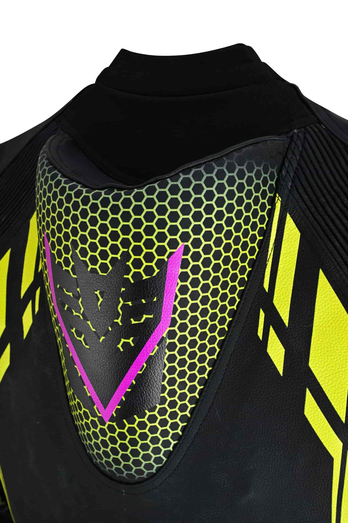 Back view of ViperStrike motorcycle racing suit showing aerodynamic hump and aggressive graphics