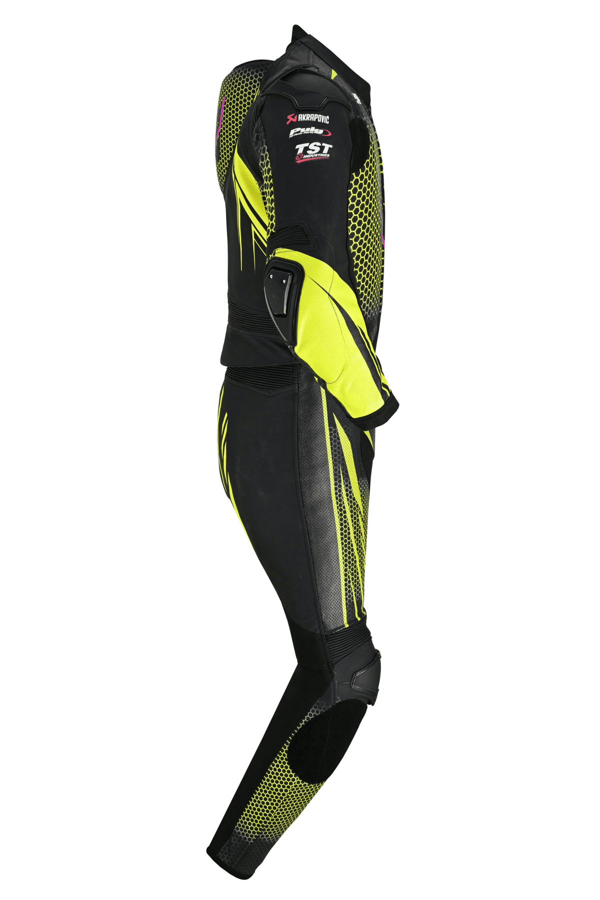 Side profile of ViperStrike cowhide leather racing suit with contoured fit for reduced drag