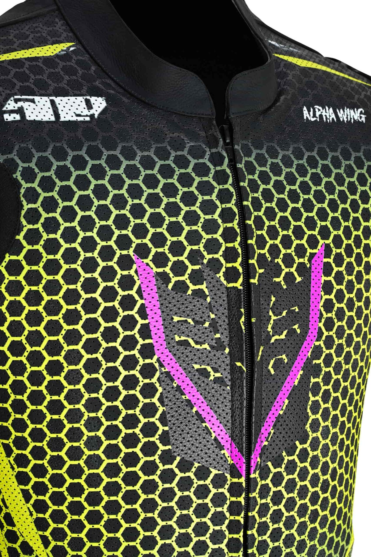 ViperStrike racing suit shoulder and elbow CE armor detail with reinforced leather stitching