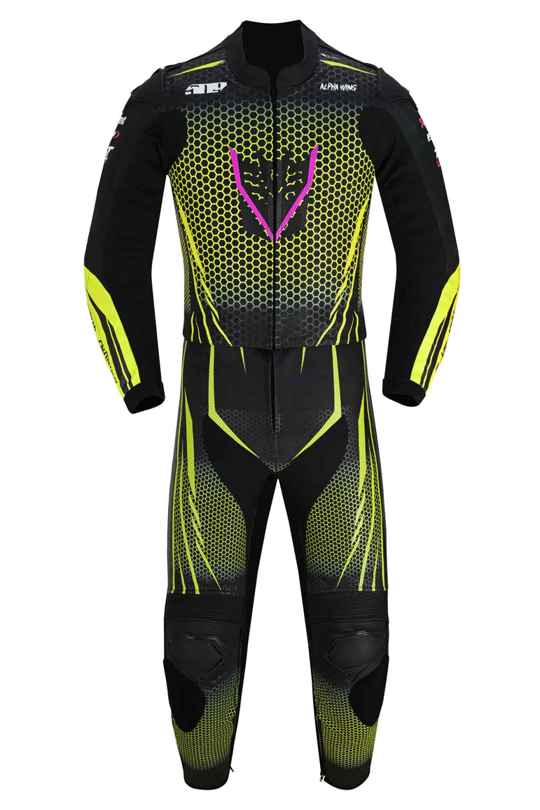 Full-length view of ViperStrike two-piece leather motorcycle suit by Alpha Wing
