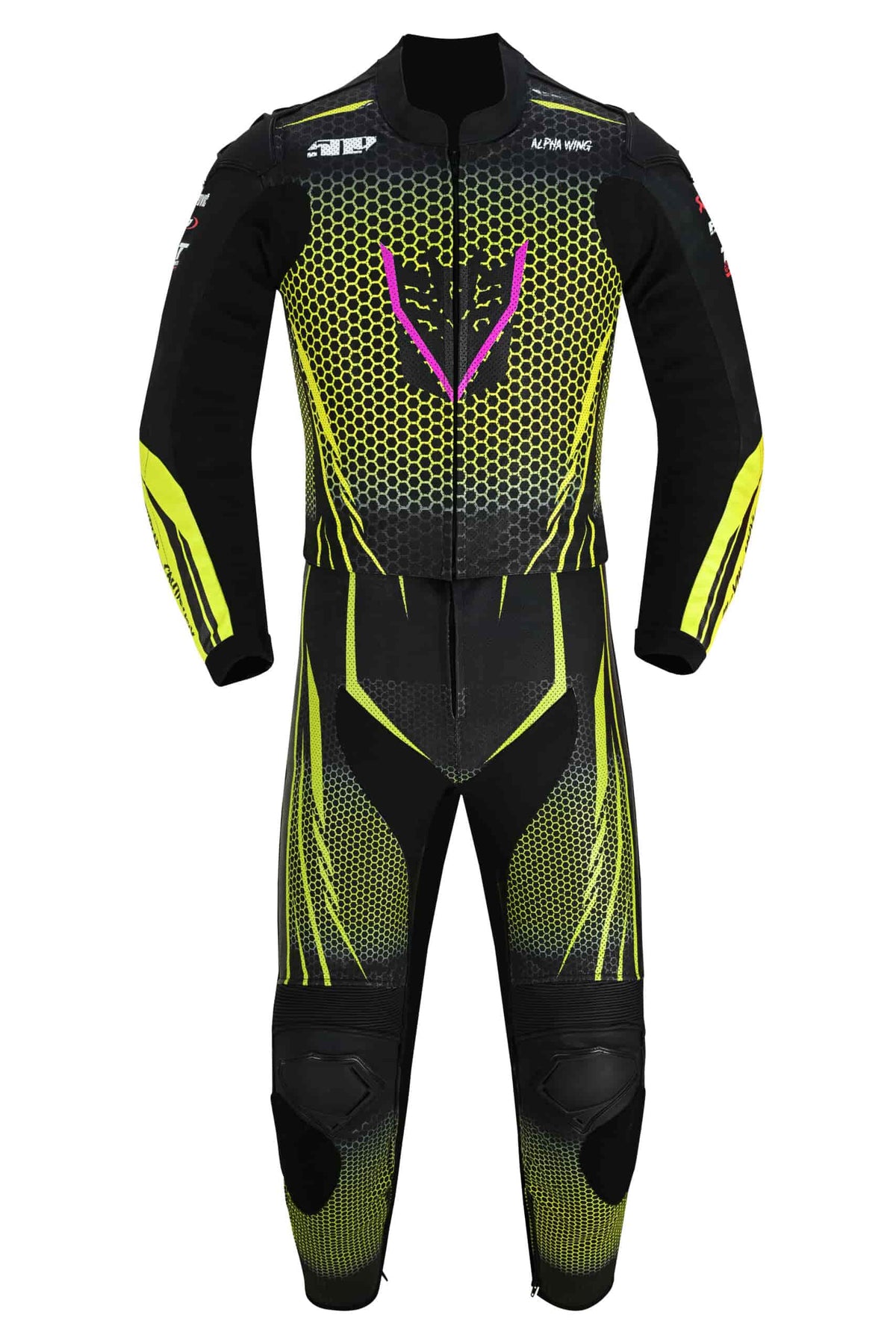 Full-length view of ViperStrike two-piece leather motorcycle suit by Alpha Wing