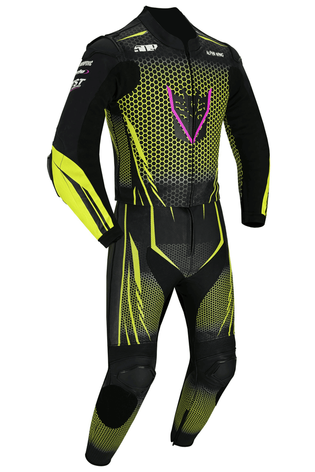 ViperStrike two-piece leather motorcycle racing suit with viper-inspired graphics, front view