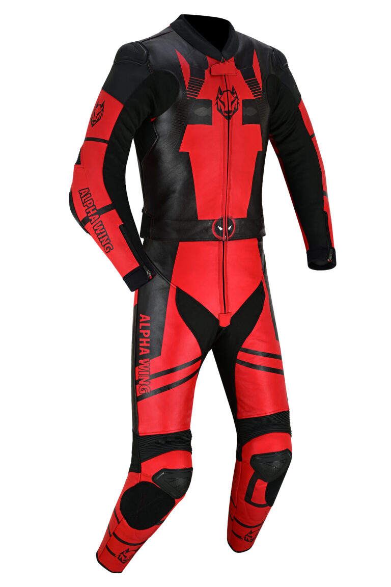 A red and black Deadpool Motorbike Racing Suit with Alpha Wing printed on the left arm and thigh, featuring padded sections and stylized design details on the chest, arms, and legs.