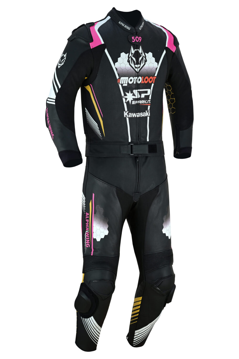 A black, one-piece motorcycle racing suit with pink, yellow, and white accents, sponsor logos, and protective padding on the shoulders, elbows, and knees—perfectly complementing your Kawasaki ZX6R 2 piece motorbike suit collection.