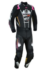 A black, one-piece motorcycle racing suit with pink, yellow, and white accents, sponsor logos, and protective padding on the shoulders, elbows, and knees—perfectly complementing your Kawasaki ZX6R 2 piece motorbike suit collection.