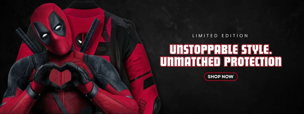 Deadpool forms a heart shape with his hands, showcasing a red and black jacket in a promotional image for a limited edition apparel line.