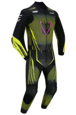 The ViperStrike Motorcycle Racing Suit features a black and yellow design with hexagonal patterns, bright yellow accents, and reinforced padding on the shoulders, elbows, and knees, displayed on a white background.
