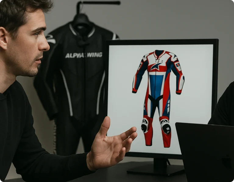 A man gestures while discussing a computer screen displaying a colorful motorcycle racing suit design, highlighting key features to look in a custom racing suit. In the background, a black racing suit on a hanger is visible.