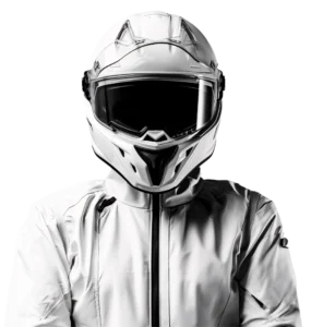 A person wearing a sleek, futuristic white motorcycle helmet and matching white jacket, reflecting trends in custom racing suit design, faces forward against a plain, black background.