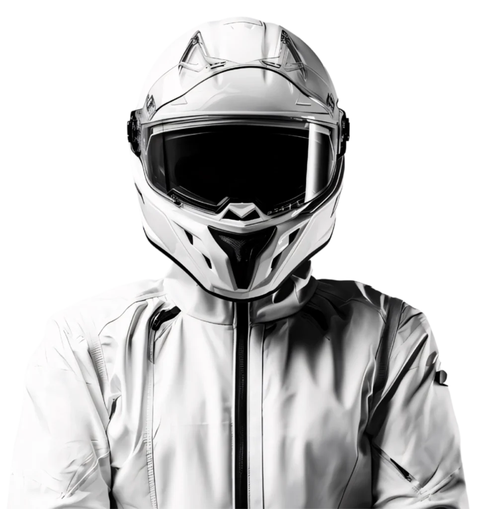 A person wearing a sleek, futuristic white motorcycle helmet and matching white jacket, reflecting trends in custom racing suit design, faces forward against a plain, black background.