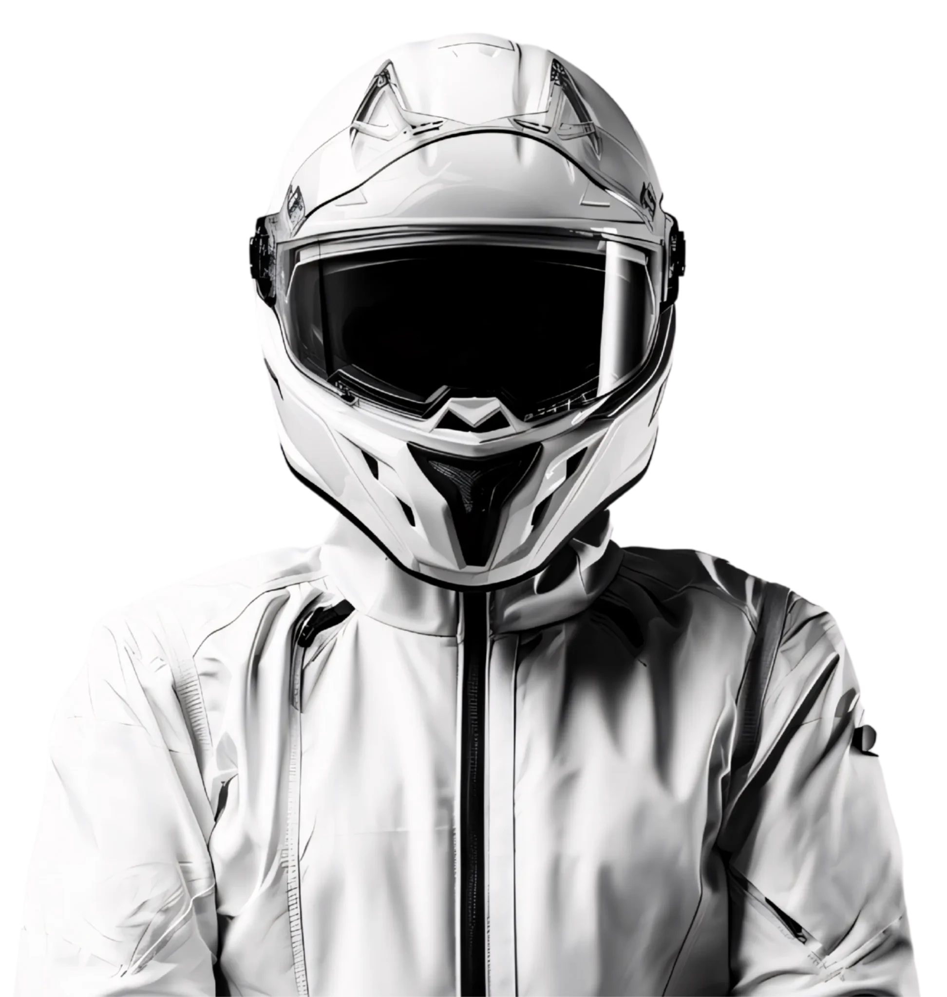 A person wearing a sleek, futuristic white motorcycle helmet and matching white jacket, reflecting trends in custom racing suit design, faces forward against a plain, black background.