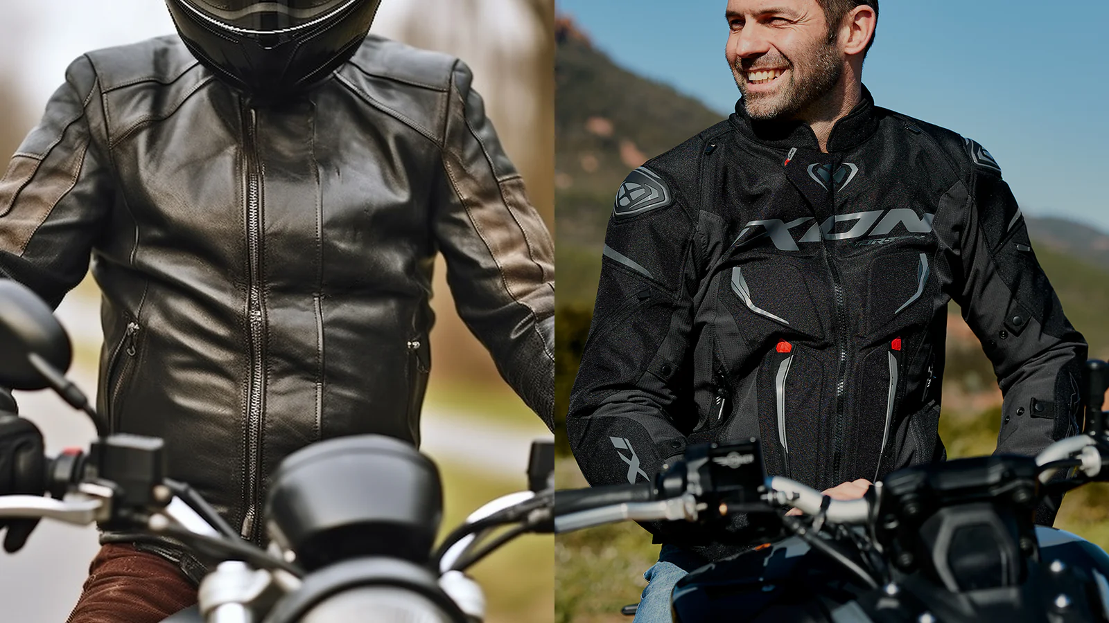 Split image comparing Leather vs Textile Motorcycle Jackets: on the left, a man in a black leather jacket and helmet; on the right, a smiling man in a black textile motorcycle jacket—both gripping their motorcycles’ handlebars.