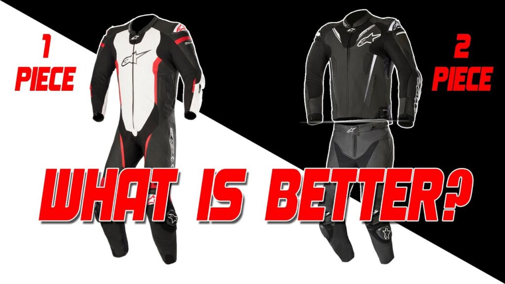 Split image compares One-Piece vs. Two-Piece Motorcycle Suits, with labels “1 Piece” and “2 Piece.” Bold text at the bottom asks, “WHAT IS BETTER?”—highlighting your choice between performance and versatility.