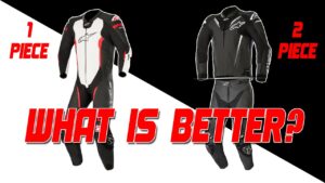 Split image compares One-Piece vs. Two-Piece Motorcycle Suits, with labels “1 Piece” and “2 Piece.” Bold text at the bottom asks, “WHAT IS BETTER?”—highlighting your choice between performance and versatility.
