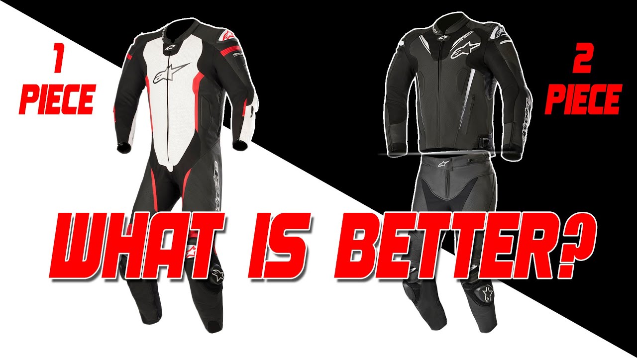 Split image compares One-Piece vs. Two-Piece Motorcycle Suits, with labels “1 Piece” and “2 Piece.” Bold text at the bottom asks, “WHAT IS BETTER?”—highlighting your choice between performance and versatility.