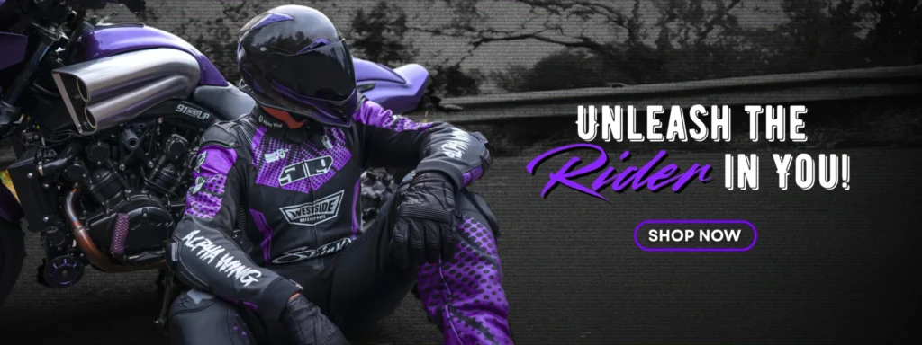 A motorcyclist in a purple racing suit, seated next to a sleek, modified bike, encourages viewers to "Unleash the Rider in You!"