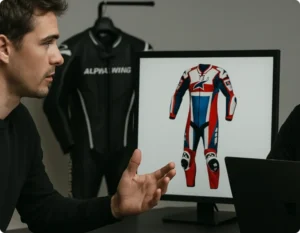 A person gestures while discussing a colorful racing suit displayed on a monitor, with another suit hanging in the background.