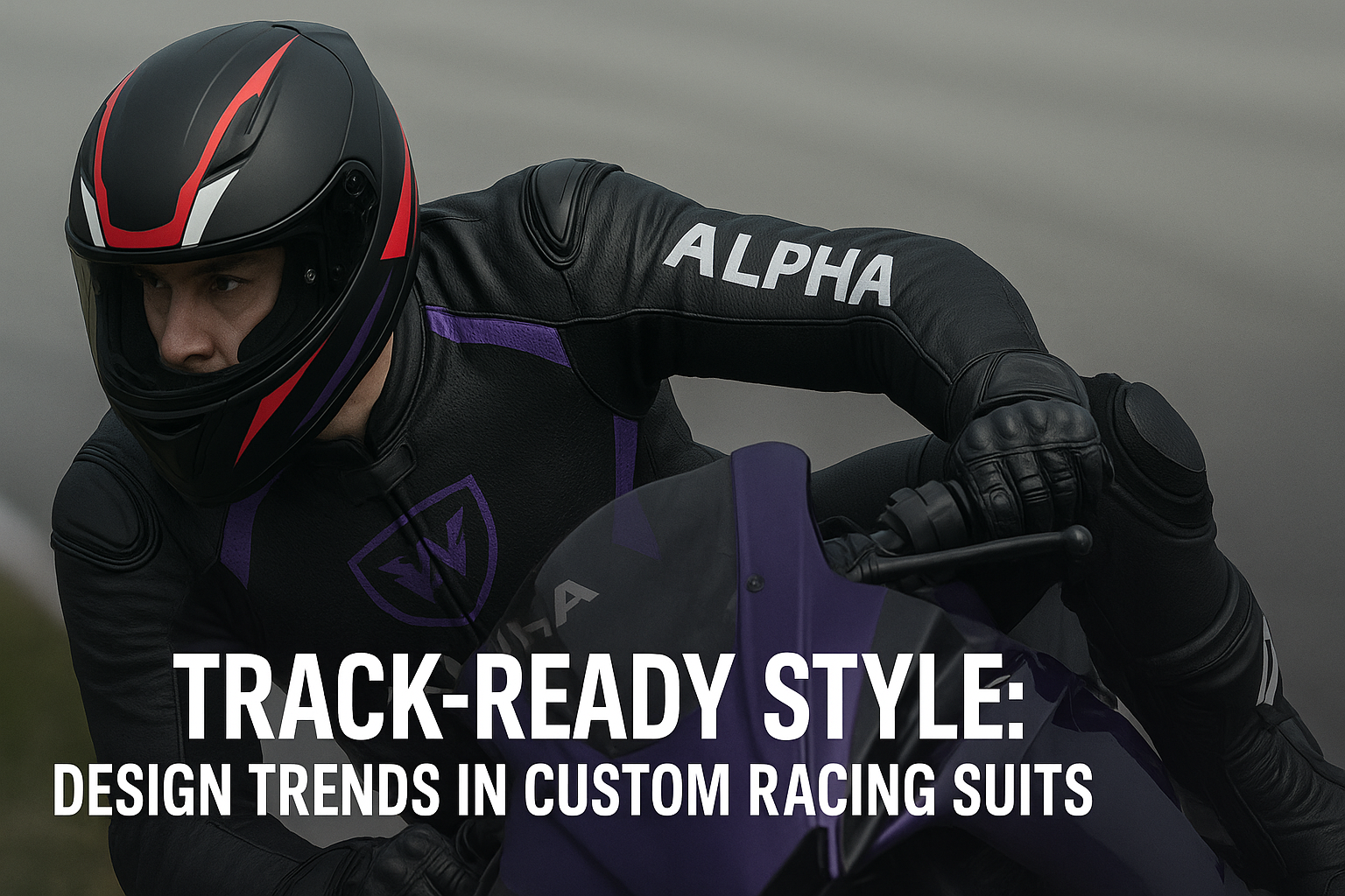 A motorcyclist in a sleek black and purple racing suit grips a sportbike, showcasing modern track-ready design trends.