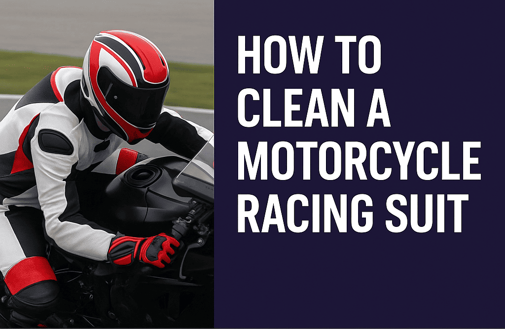 A motorcyclist in a red and white racing suit rides a bike, alongside bold text: "How to Clean a Motorcycle Racing Suit."