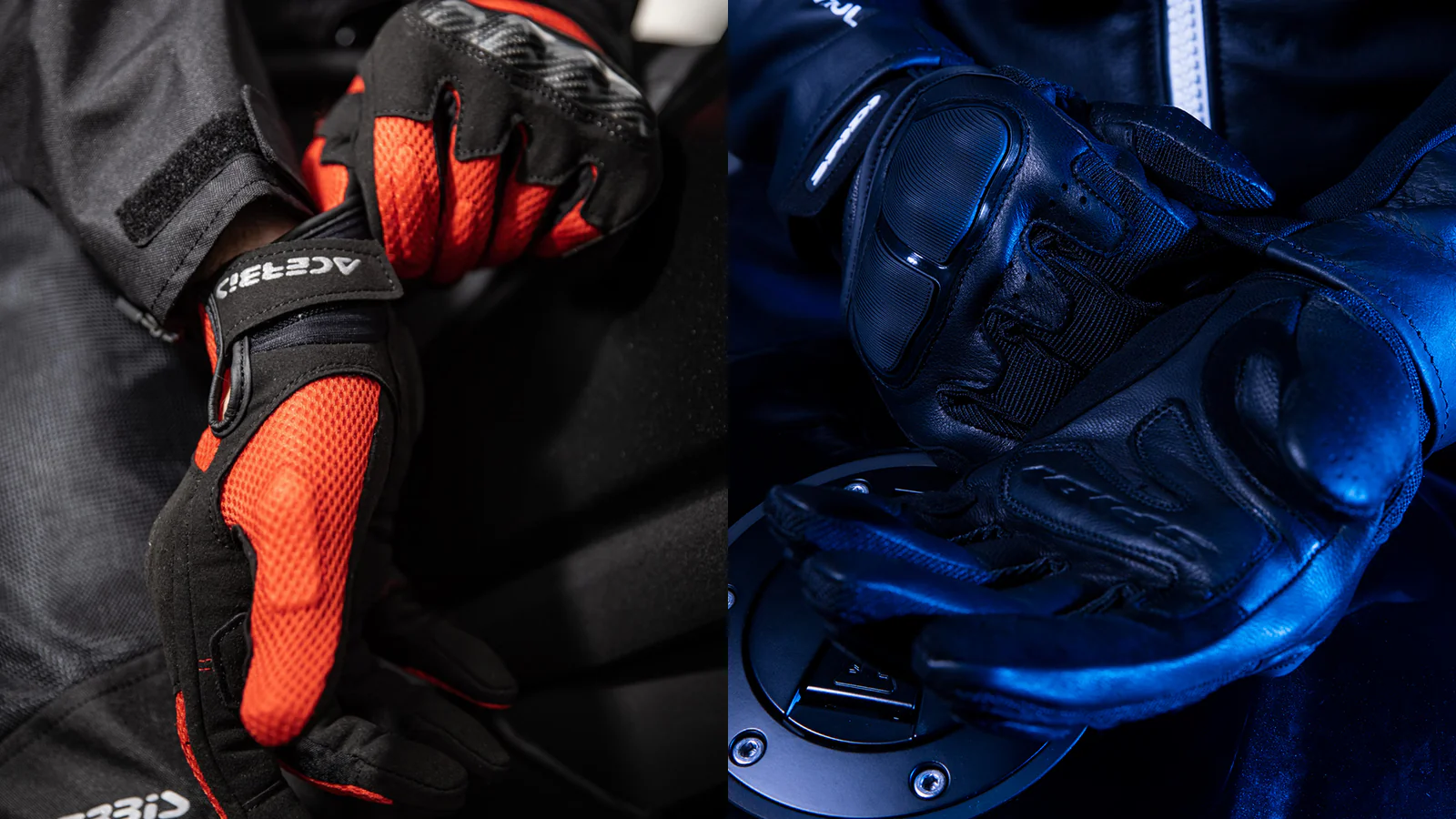 Close-up of two pairs of motorcycle gloves: one in red and black, the other in black, showcasing protective features and grip.