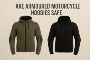Two armored motorcycle hoodies in olive green and black, displayed against a neutral background with bold text questioning their safety.