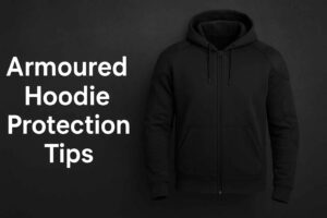 Black hoodie featuring the text "Armored Hoodie Protection Tips" prominently displayed on the front.