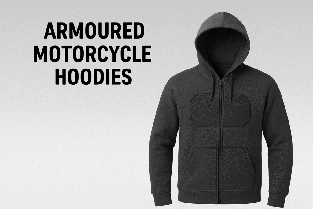 A black zip-up hoodie designed for motorcycle riders, featuring protective armor and a drawstring hood.