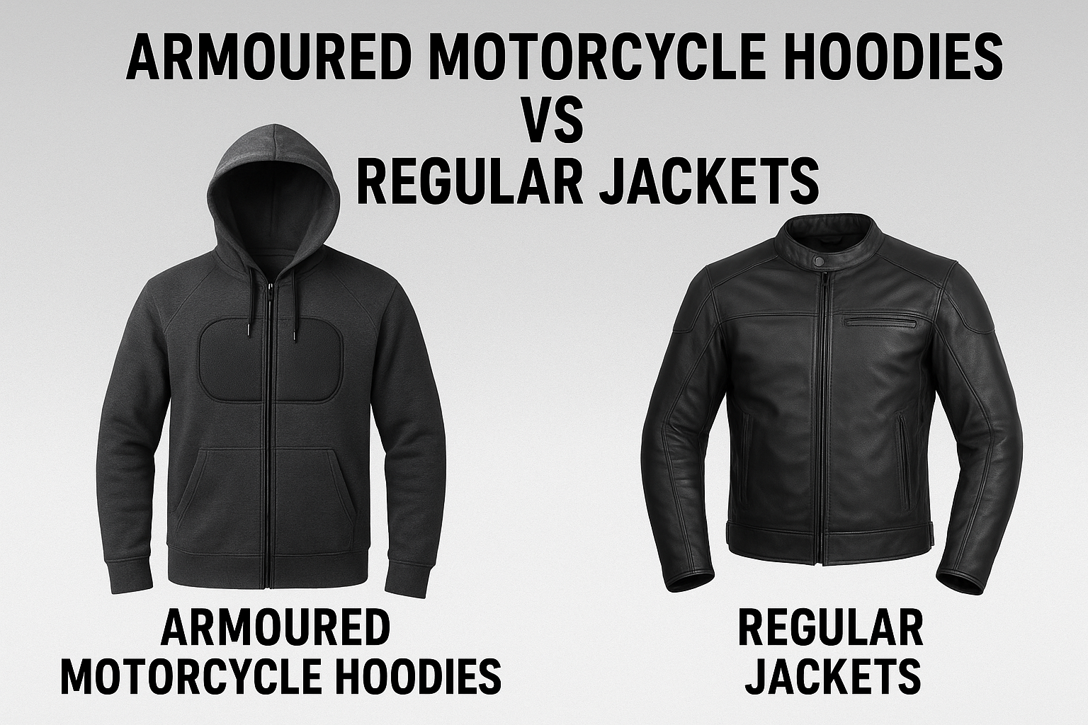 Image comparing an armored motorcycle hoodie vs regular jacket, highlighting the features and styles of each.
