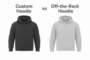 Visual contrast between a tailored custom hoodie and a mass-produced off-the-rack hoodie.