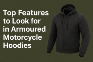 A black armored motorcycle hoodie displayed on a green background, highlighting key features for safety and comfort.