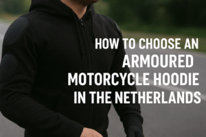 Rider wearing a black armoured motorcycle hoodie with protective padding, showing how to choose an armoured motorcycle hoodie in the Netherlands