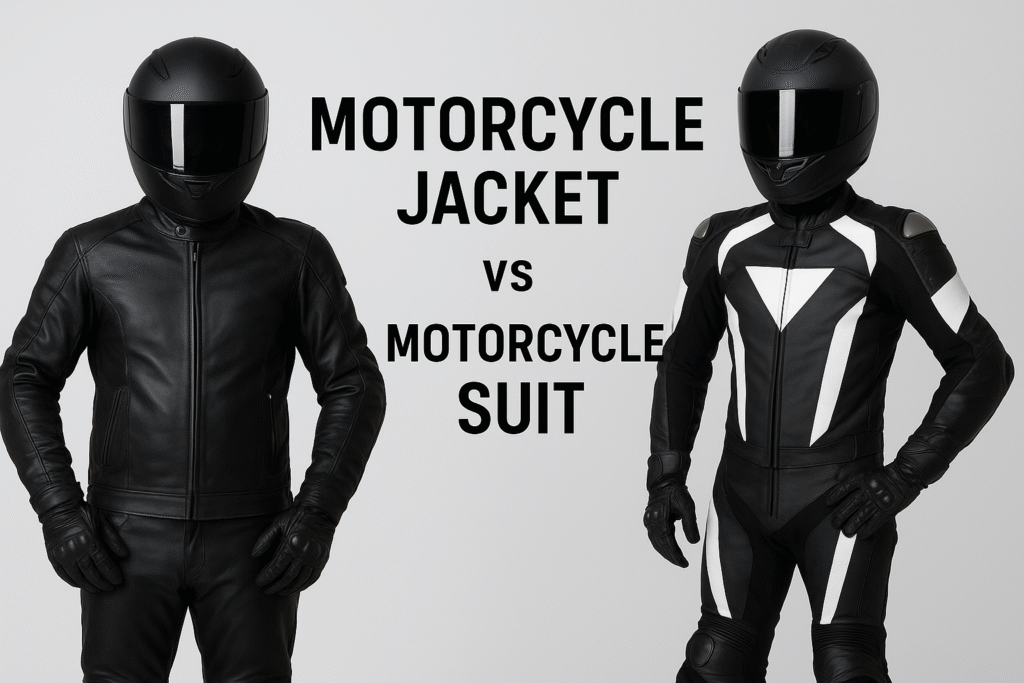 Two motorcyclists in black helmets showcase a motorcycle jacket on the left and a full motorcycle suit on the right, against a neutral background.