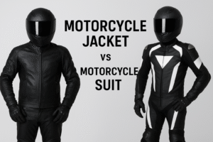Two motorcyclists in black helmets showcase a motorcycle jacket on the left and a full motorcycle suit on the right, against a neutral background.