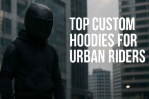 A figure in a black hoodie and helmet stands against a backdrop of urban buildings, promoting custom hoodies for urban riders.