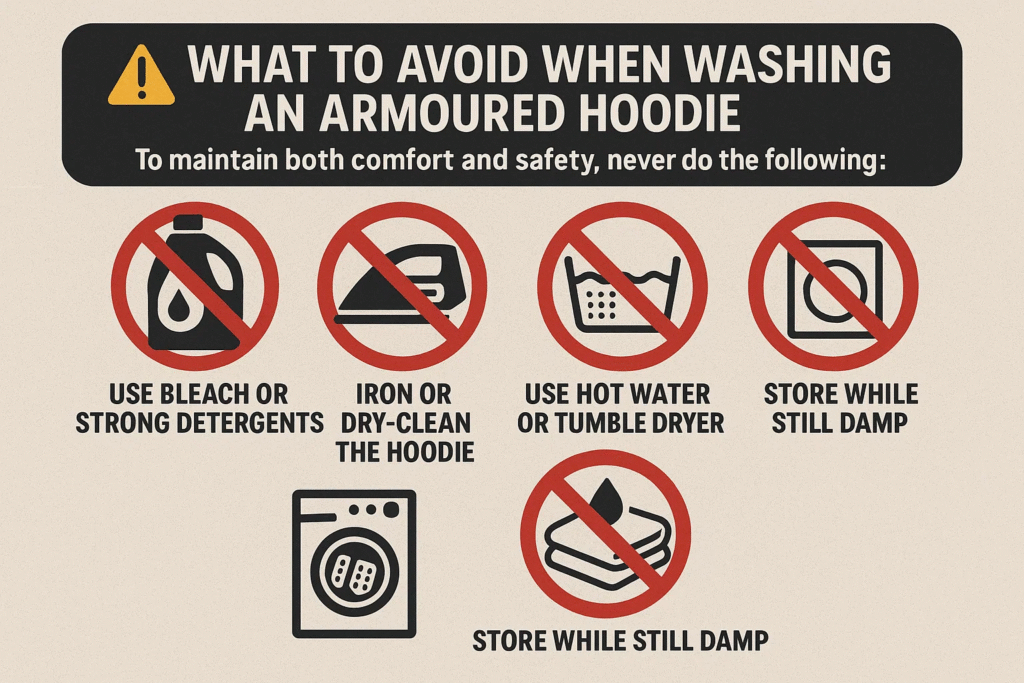 info graphic Explaining What to Avoid When Washing an Armoured Hoodie